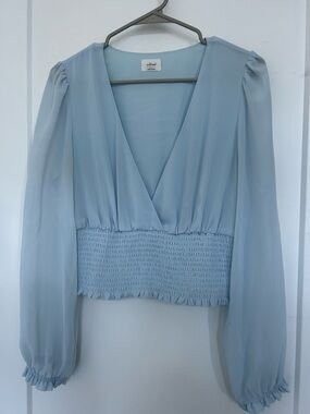 Wilfred Pale Blue V-Neck Smocked Waist Sheer Sleeve Blouse